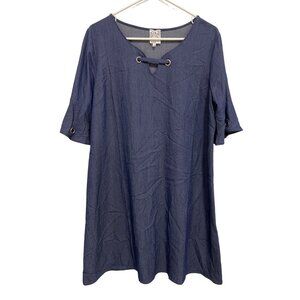 Naif Sheath Dress Size Large V Neck Chambray Grommet Bell Sleeve Blue Minimalist